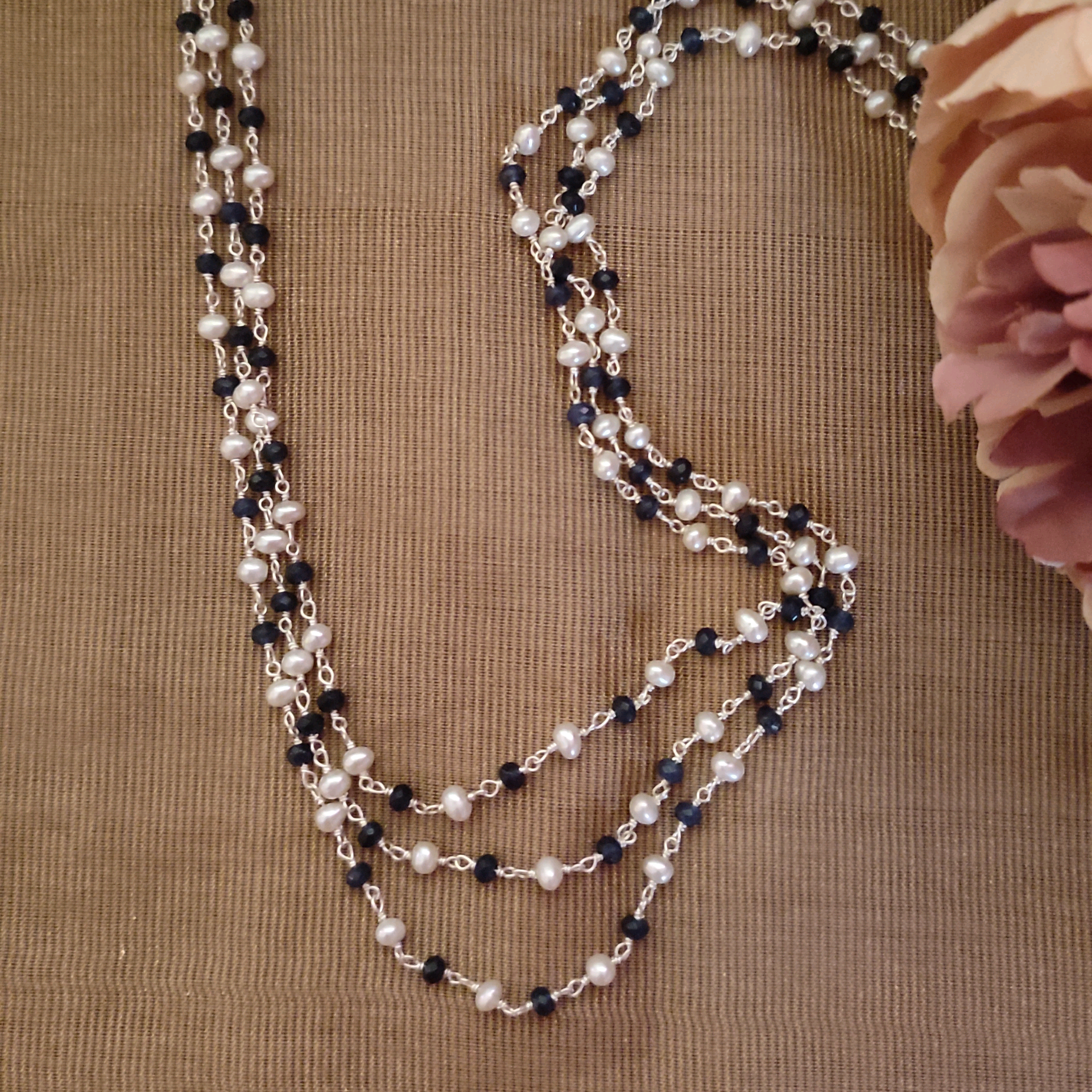 Three Layer Blue Stone And Pearl Chain 